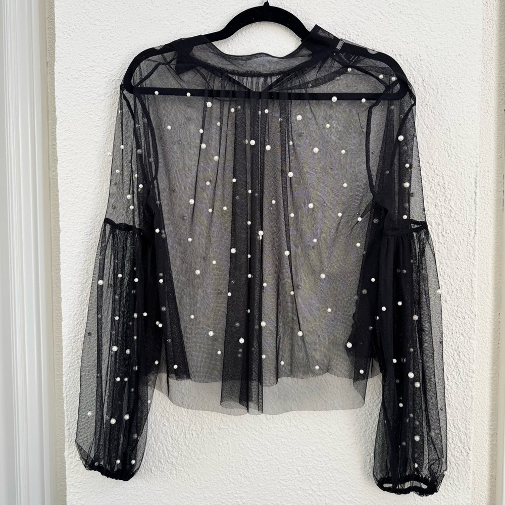 Forever 21 Black Sheer Blouse with Pearl Details